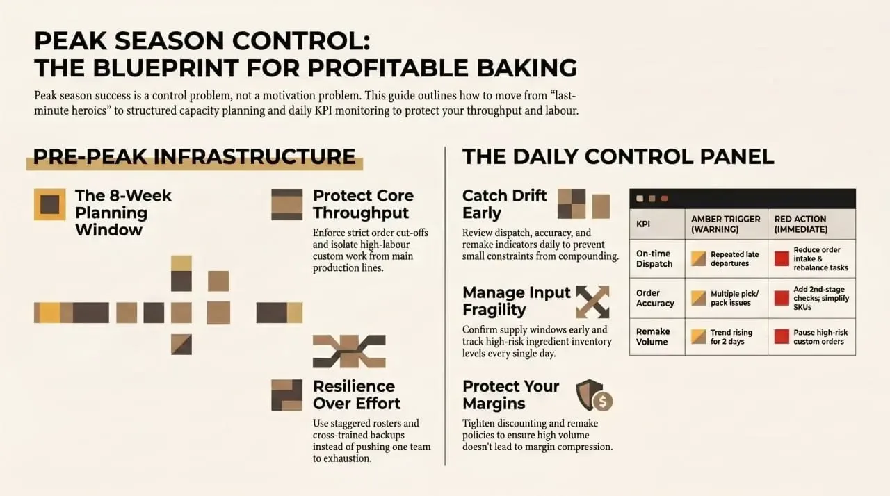 Peak season control blueprint infographic showing pre-peak infrastructure and daily control panel KPIs for bakery operations